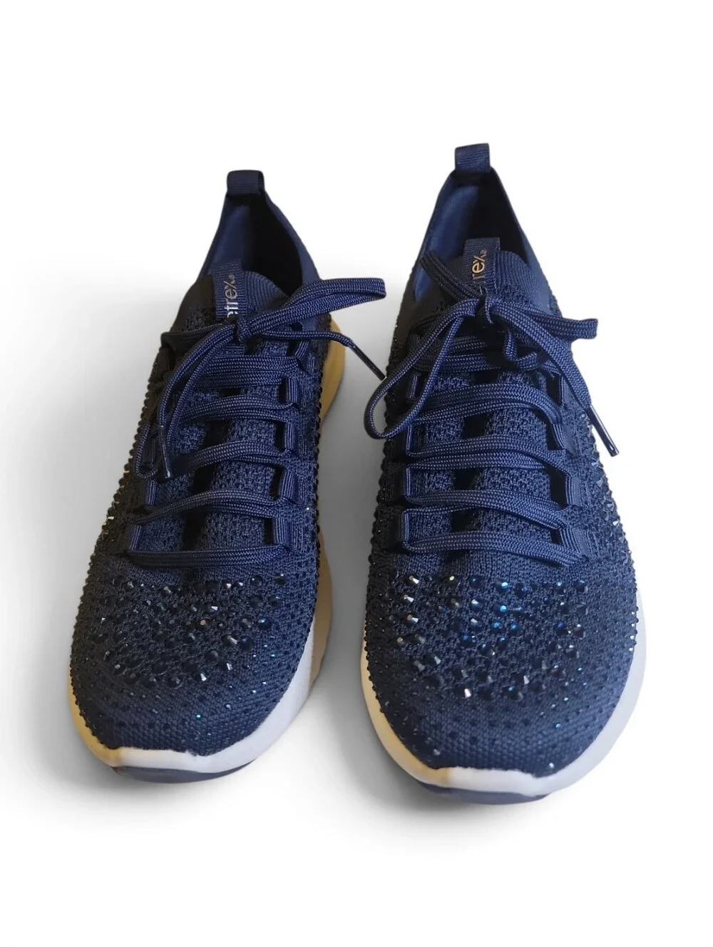 Aetrex Carly Sparkle Navy Knit Slip-On Women's Sneakers, With Blue Rhinestones